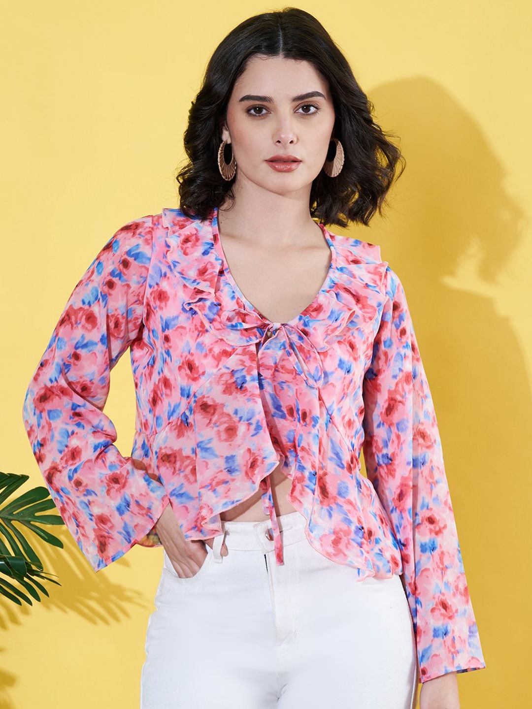 

ANVI Be Yourself Women Floral Printed Ruffles Crop Asymmetric Hem Top, Pink