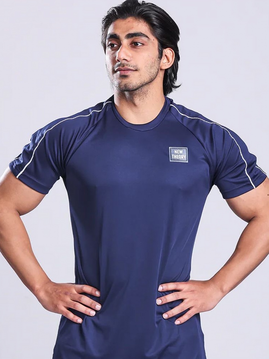 

New Theory Sports Round Neck Drop-Shoulder Sleeves Slim Fit T-shirt, Navy blue