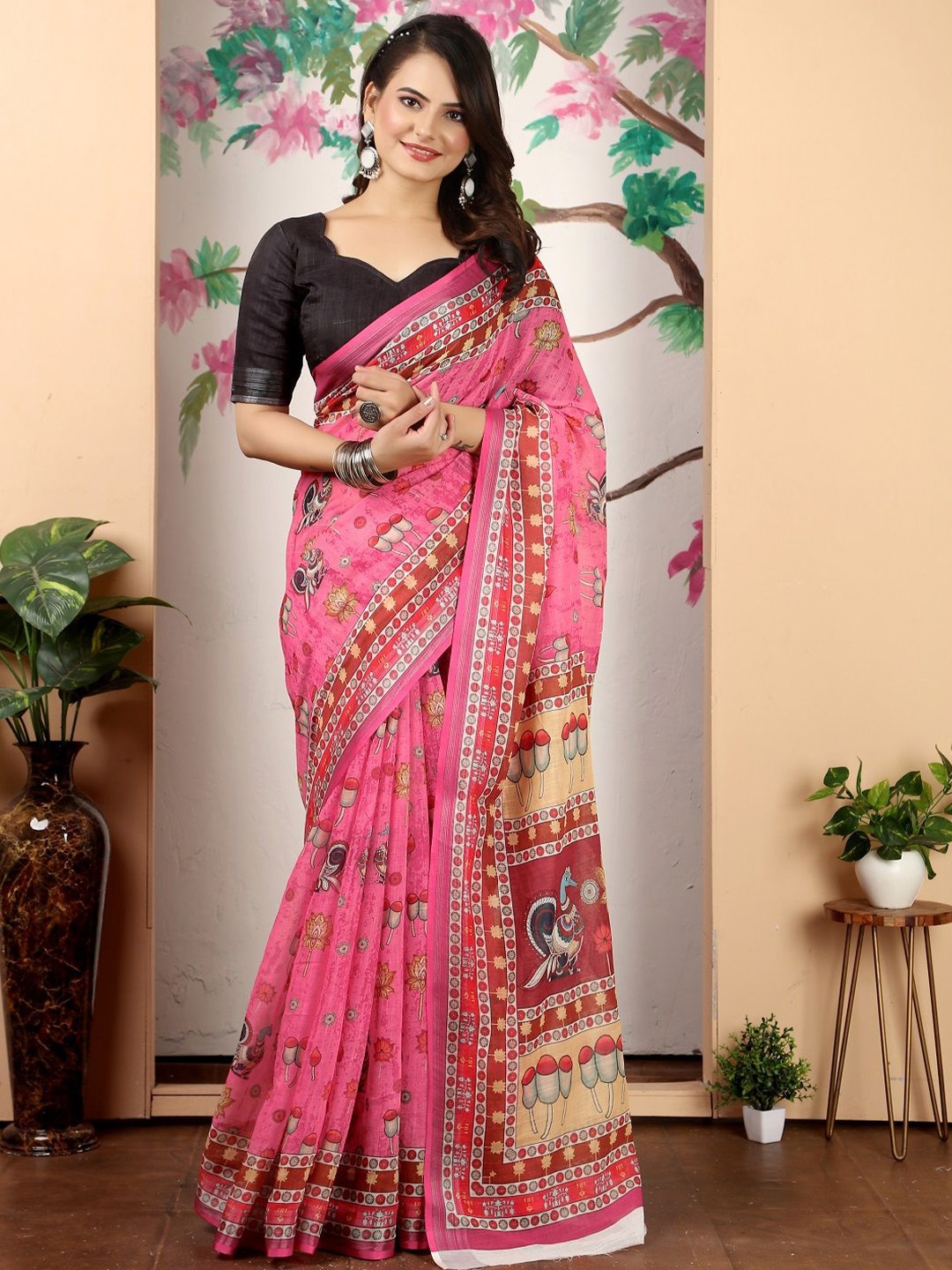 

ORUS Kalamkari Printed Pure Cotton Saree, Pink