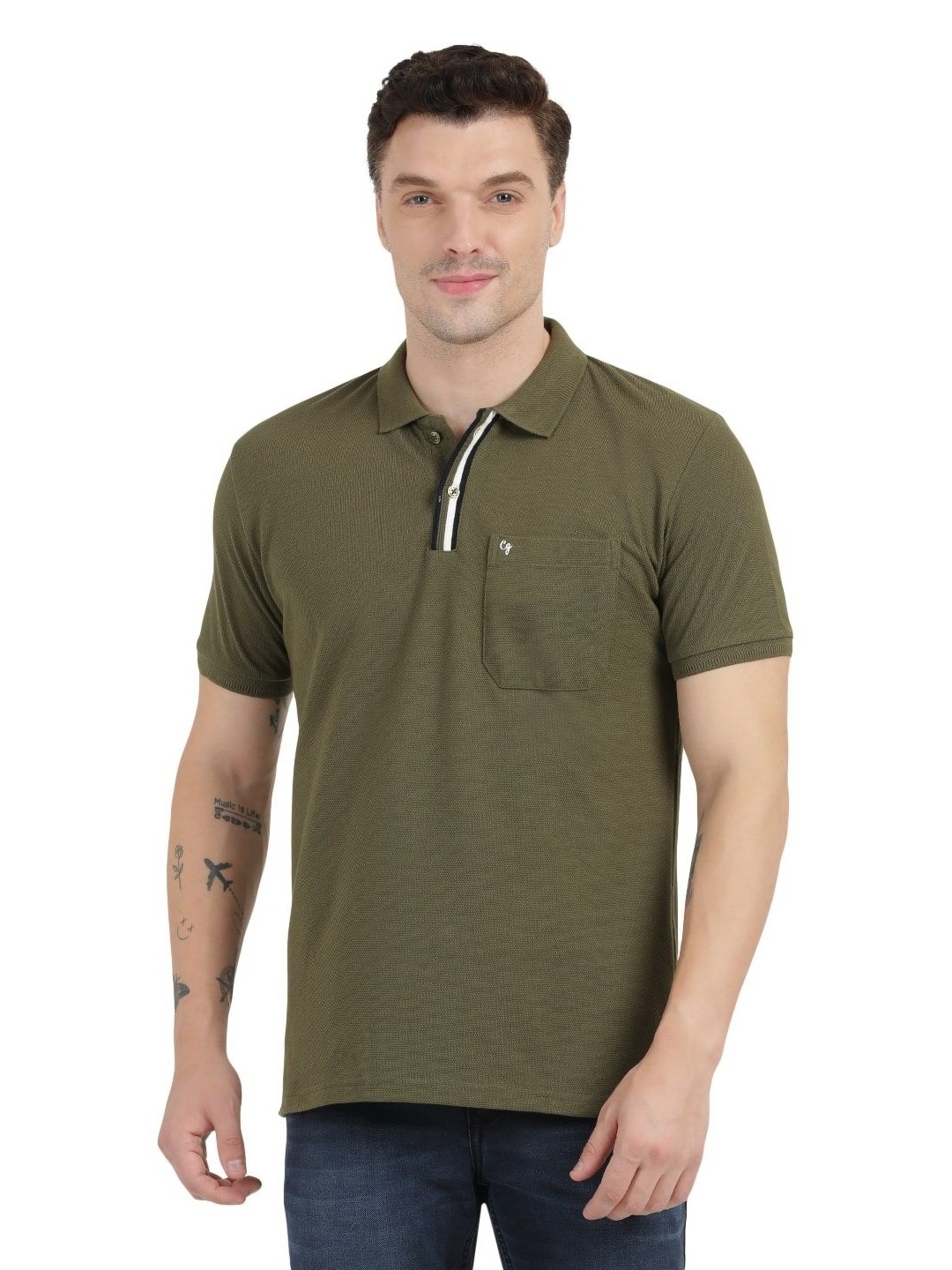 

Clarke Gable Men Slim Fit Polo Collar Moisture Wicking Pockets Cotton T-shirt, Olive