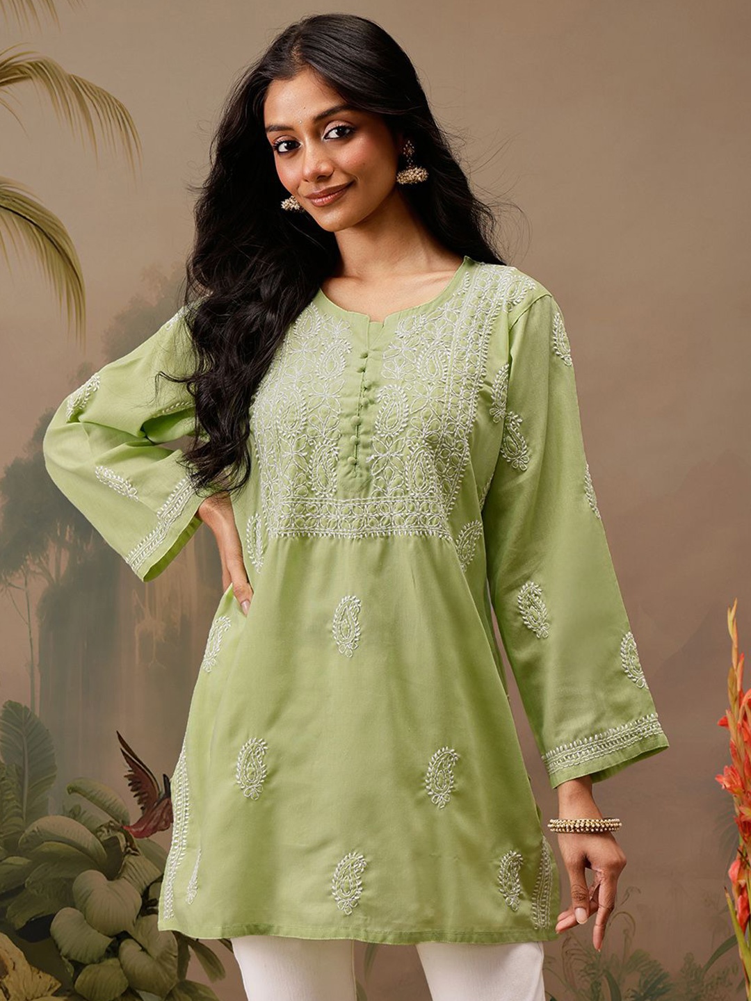 

ADA Ethnic Motifs Embroidered Thread Work Thread Work Kurti, Green
