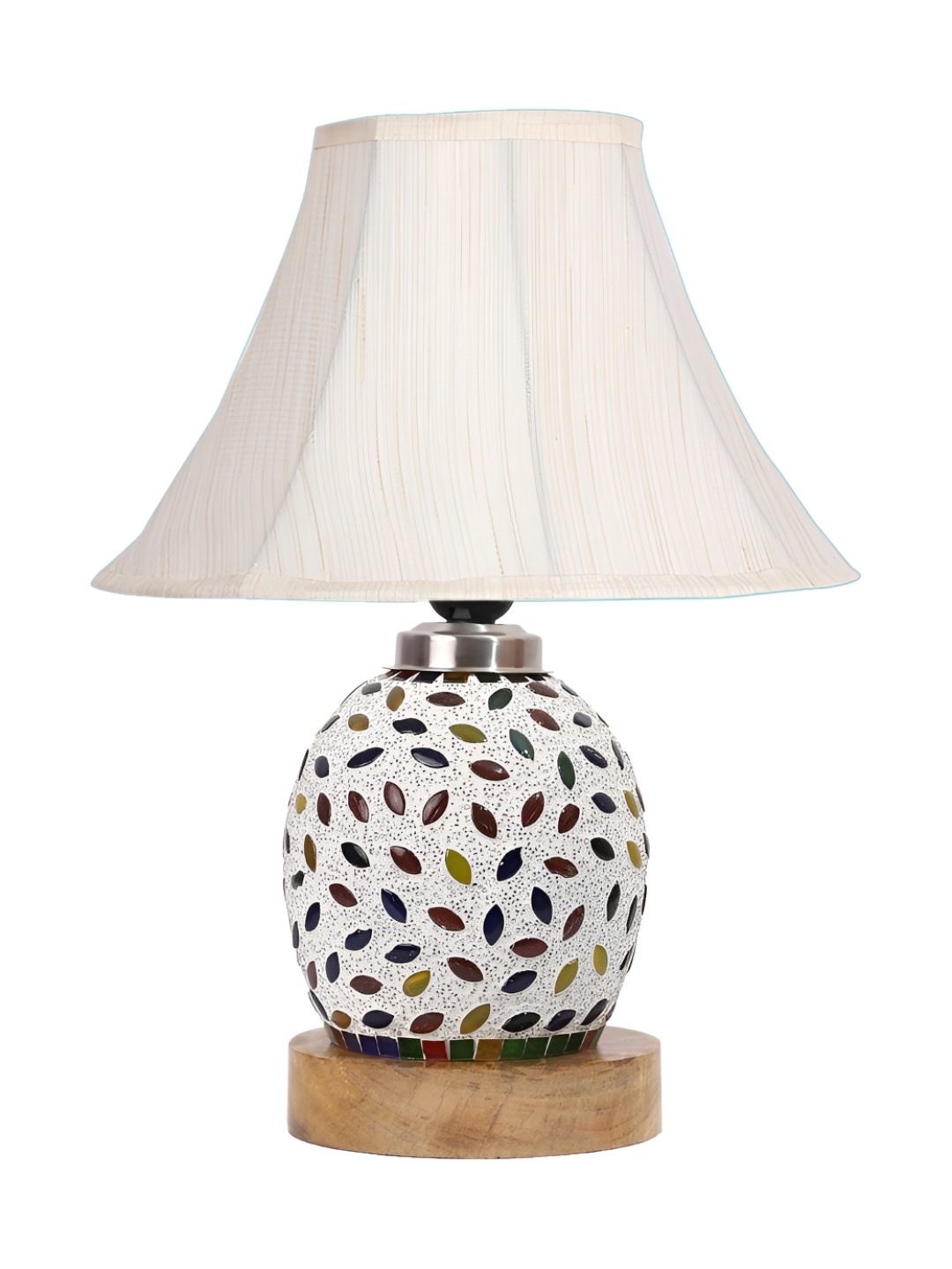 

Devansh Off White & Blue Textured Wooden Frustum Shaped Table Lamp With Mosaic Glass Base