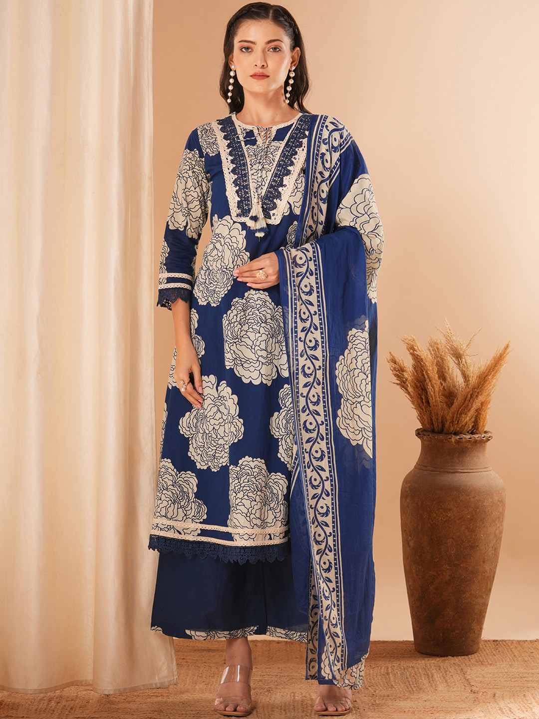 

FASHOR Printed Mirror Work Pure Cotton Notch Neck A-Line Kurta With Palazzos & Dupatta, Blue