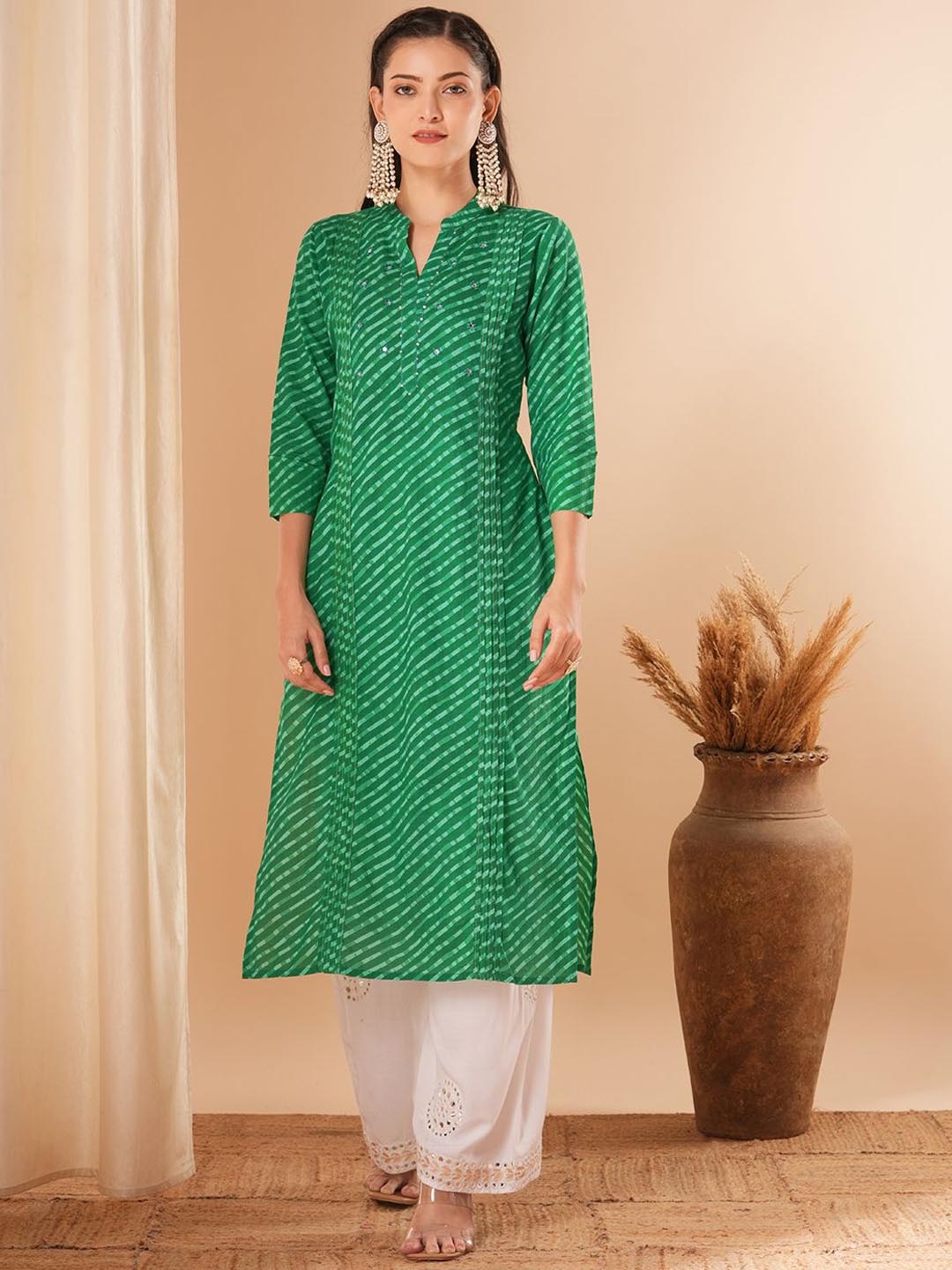 

FASHOR Leheriya Printed Mandarin Collar Cotton Straight Kurta, Green