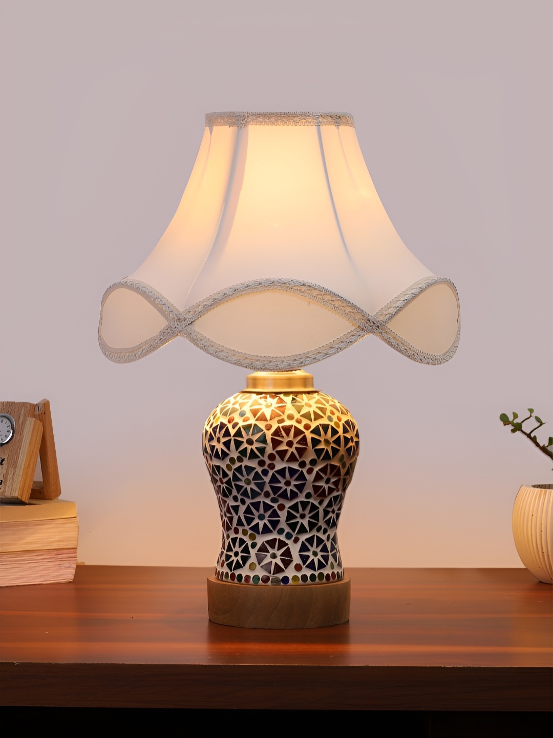 

Devansh Off White Printed Wooden Frustum Shaped Table Lamp With Mosaic Glass Base