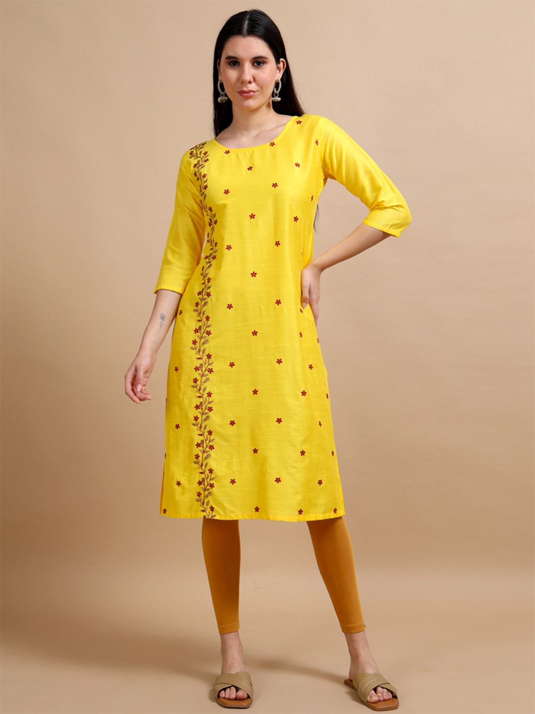 

MIRAAN Floral Embroidered Cotton Silk Thread Work Straight Kurta, Yellow