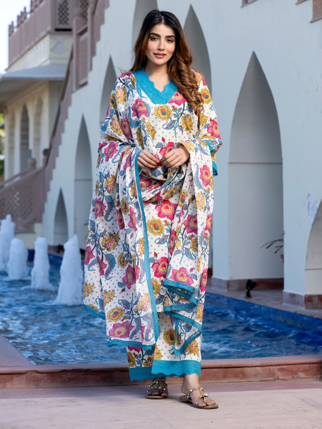 

KALINI Floral Printed V-Neck Straight Pure Cotton Kurta With Palazzos And Dupatta, White