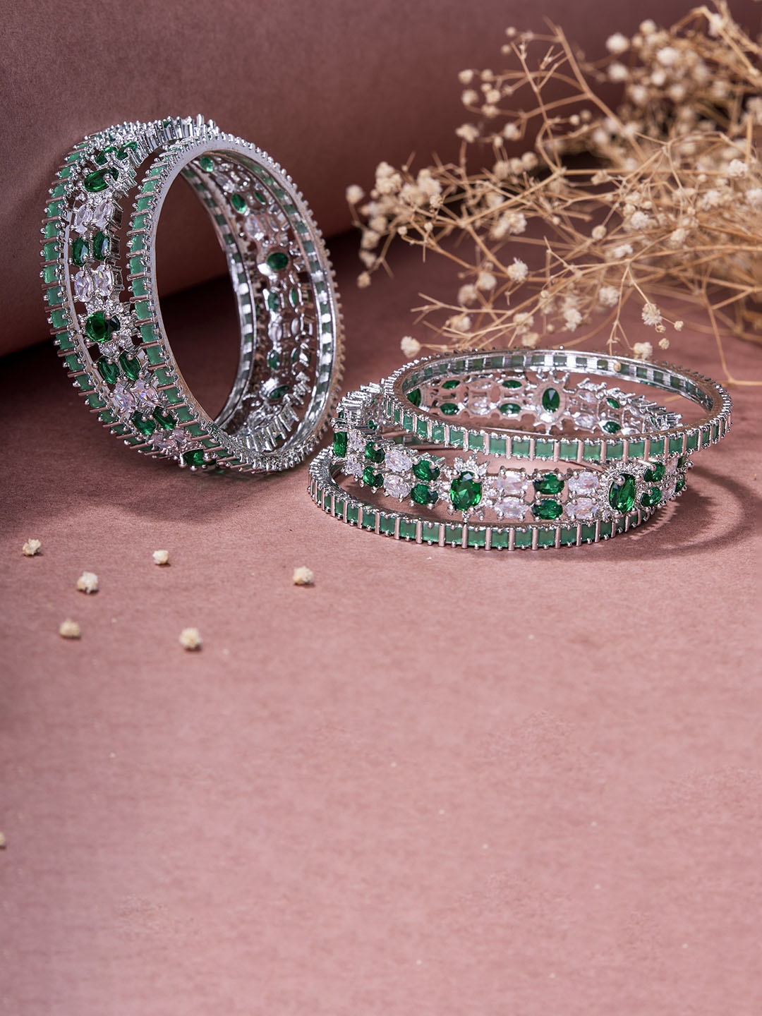 

Opal Touch Set Of 6 Rhodium-Plated AD Studded Bangles, Green