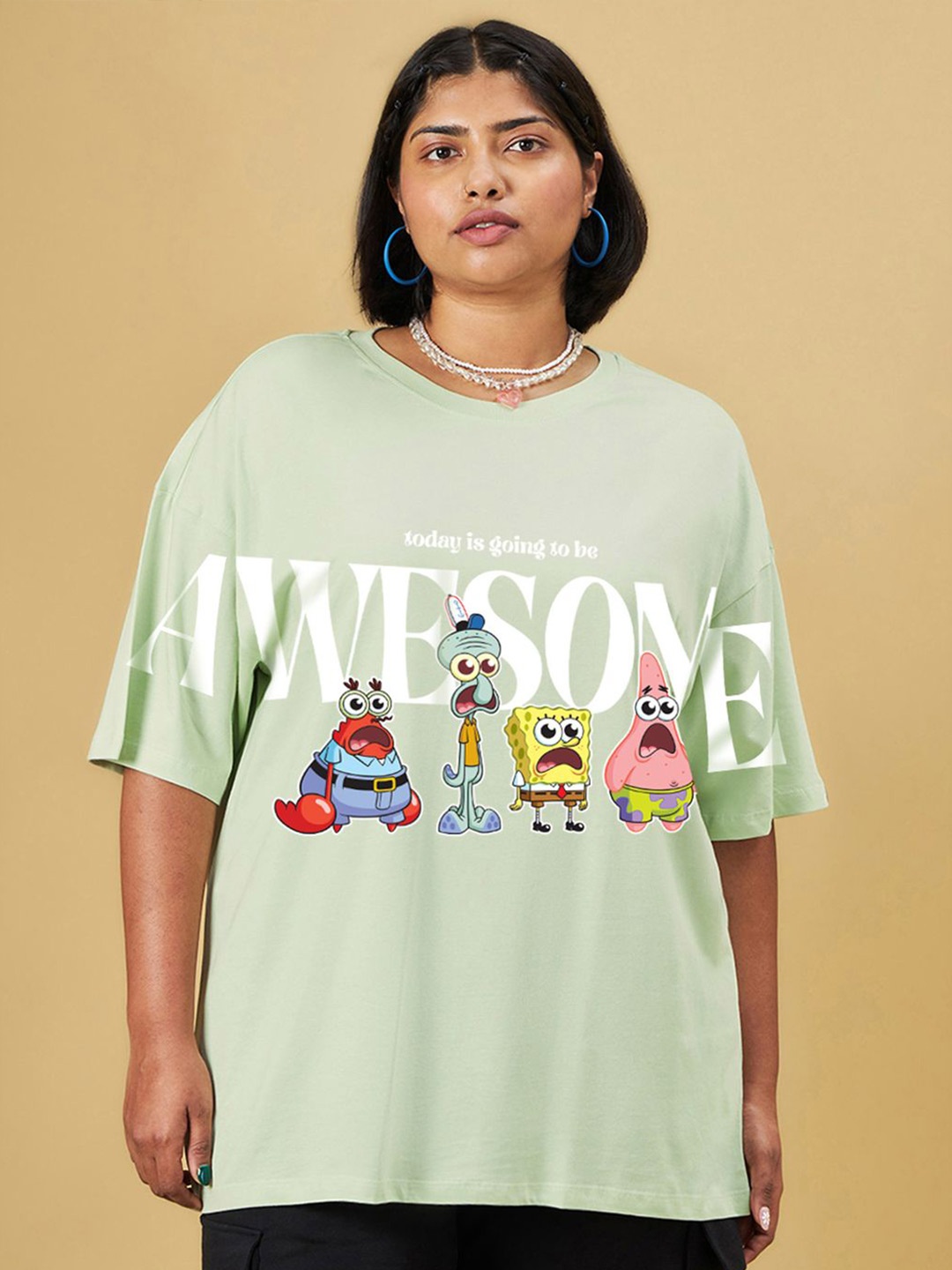 

Bewakoof Plus Spongebob Printed Pure Cotton T-shirt, Green