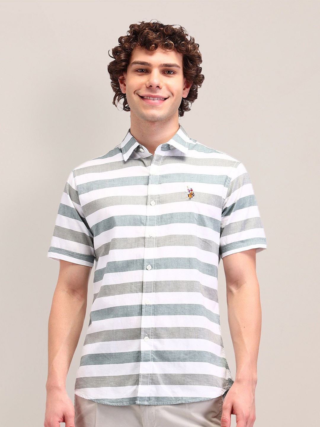 

U.S. Polo Assn. Men Horizontal Striped Twill Cotton Tailored Fit Shirt, Green