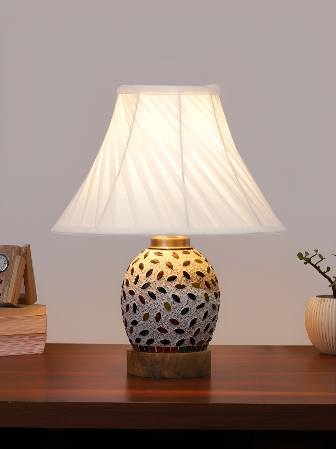 

Devansh Off White Printed Frustum Shaped Wooden Table Lamp