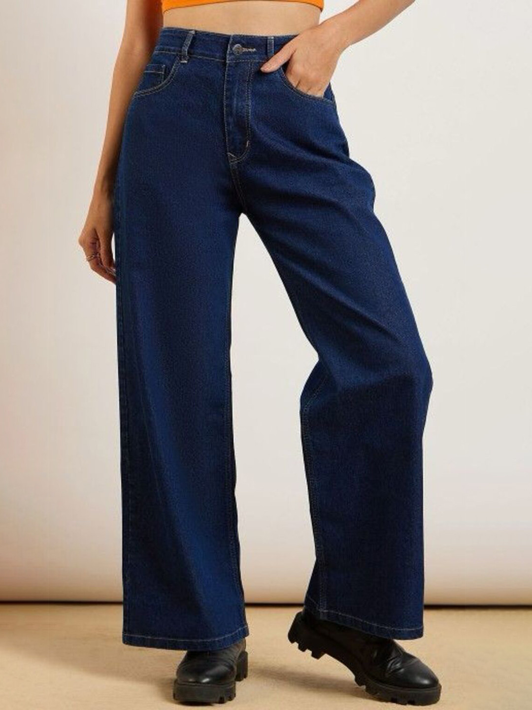 

1DAYJEANS Women High-Rise Wide Leg Clean Look Stretchable Jeans, Blue