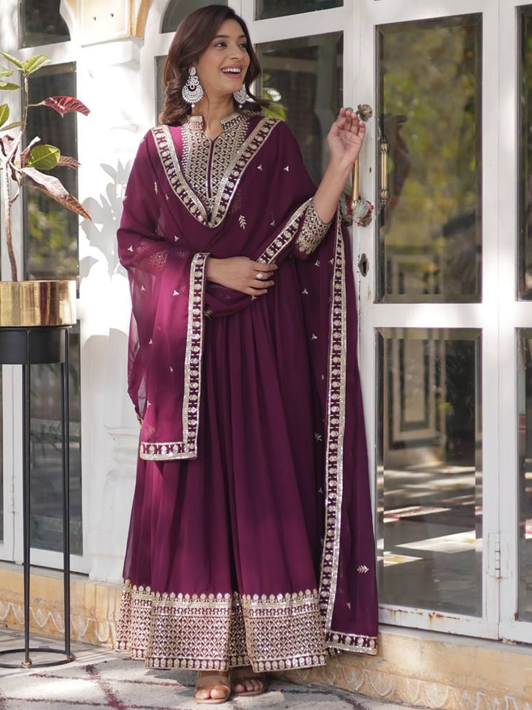 

ZIBLON Rich Sequins Embroidered Work Gown With Dupatta, Purple