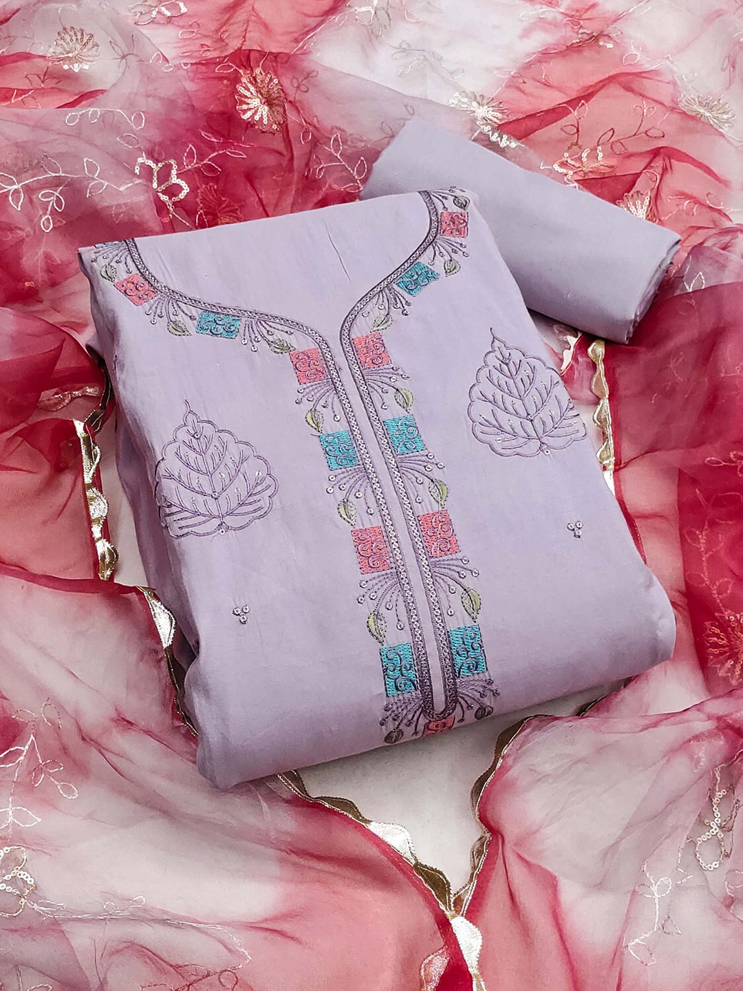 

SHADOW & SAINING Embroidered Sequnnied Pure Silk Semi-Stitched Dress Material, Purple