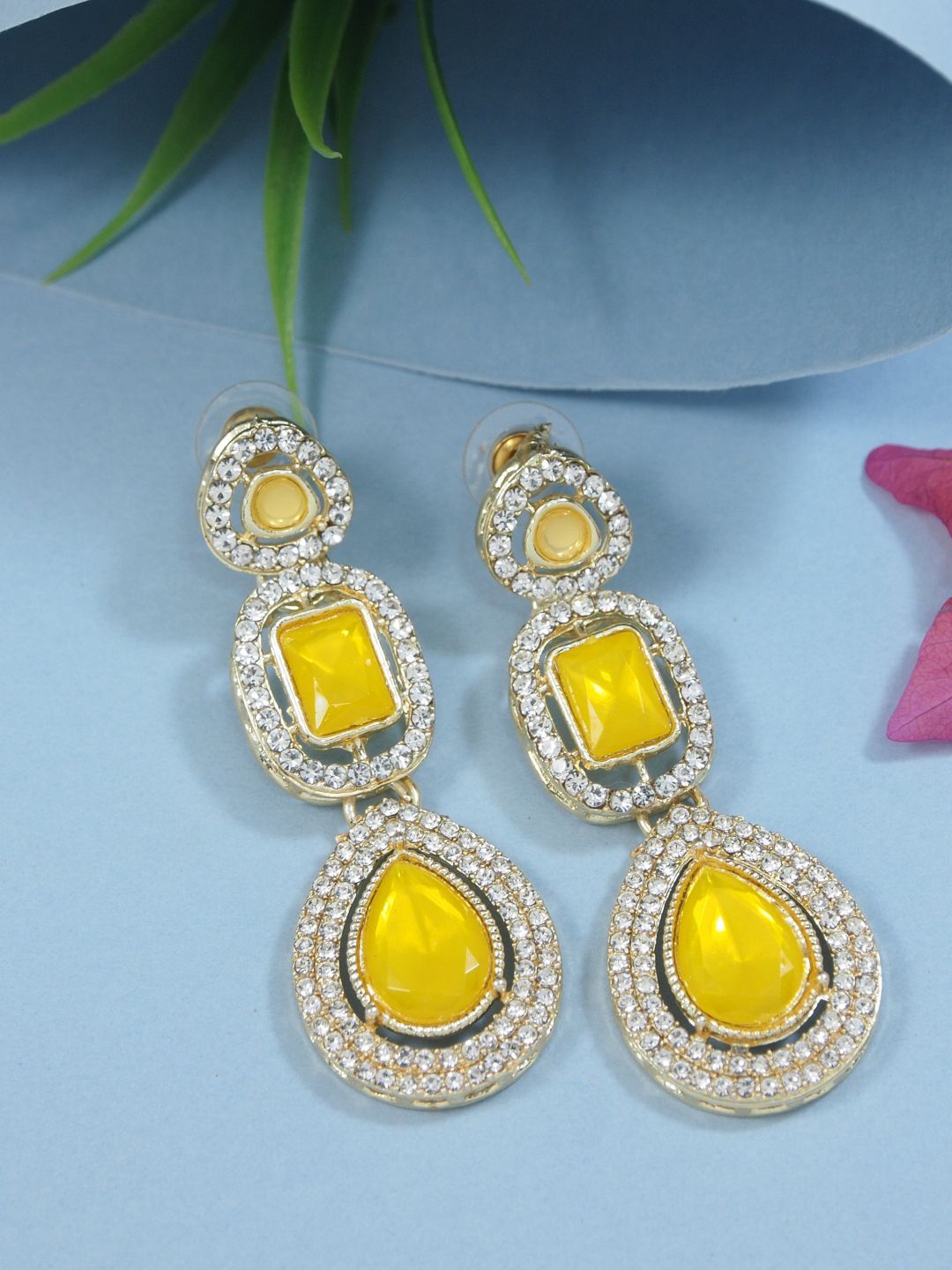 

I Jewels Gold-Plated Artificial Stones Studded Teardrop Shaped Drop Earrings, Yellow