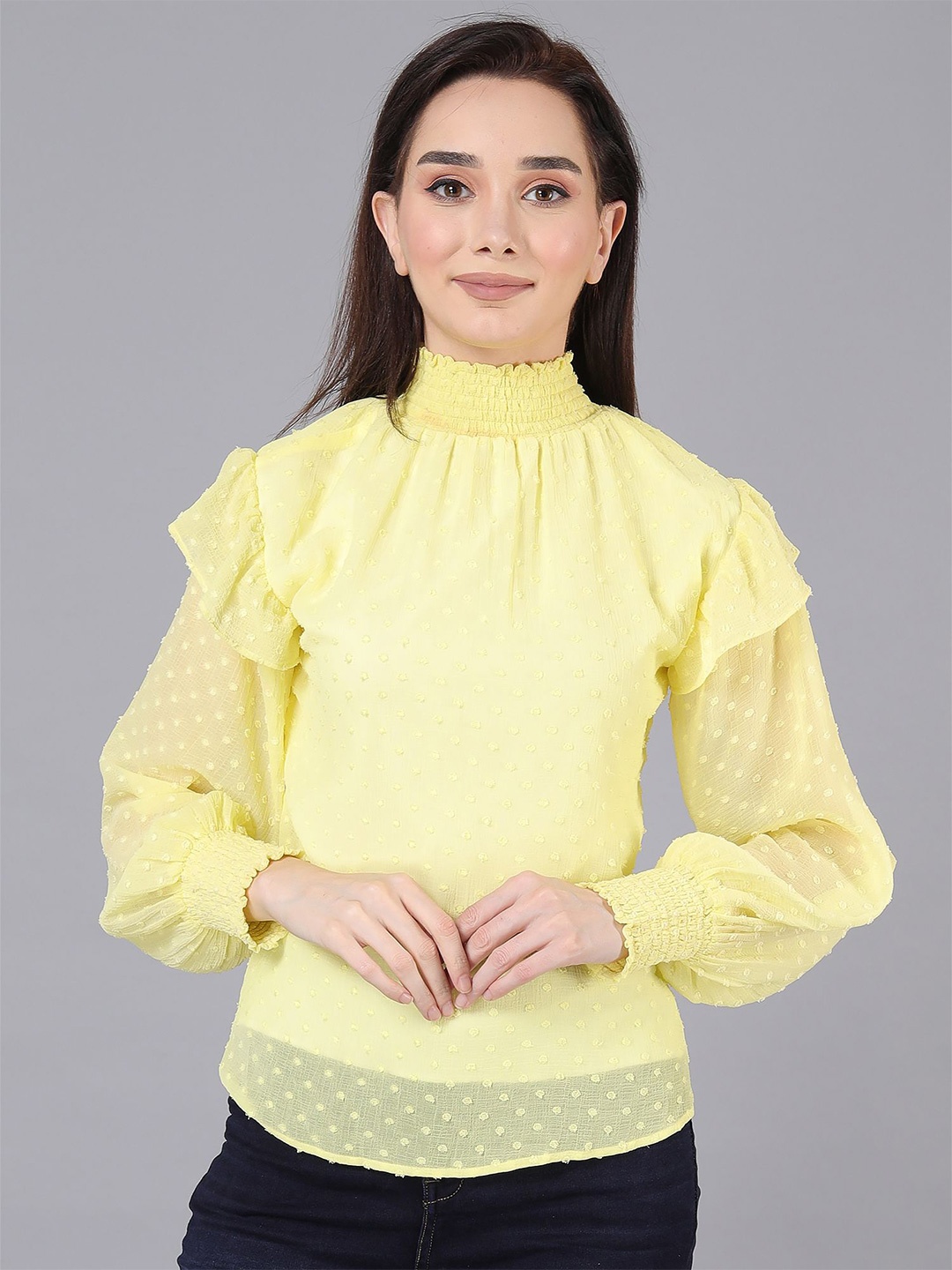 

JAKANARY Women Ruffles Smocked Top, Yellow