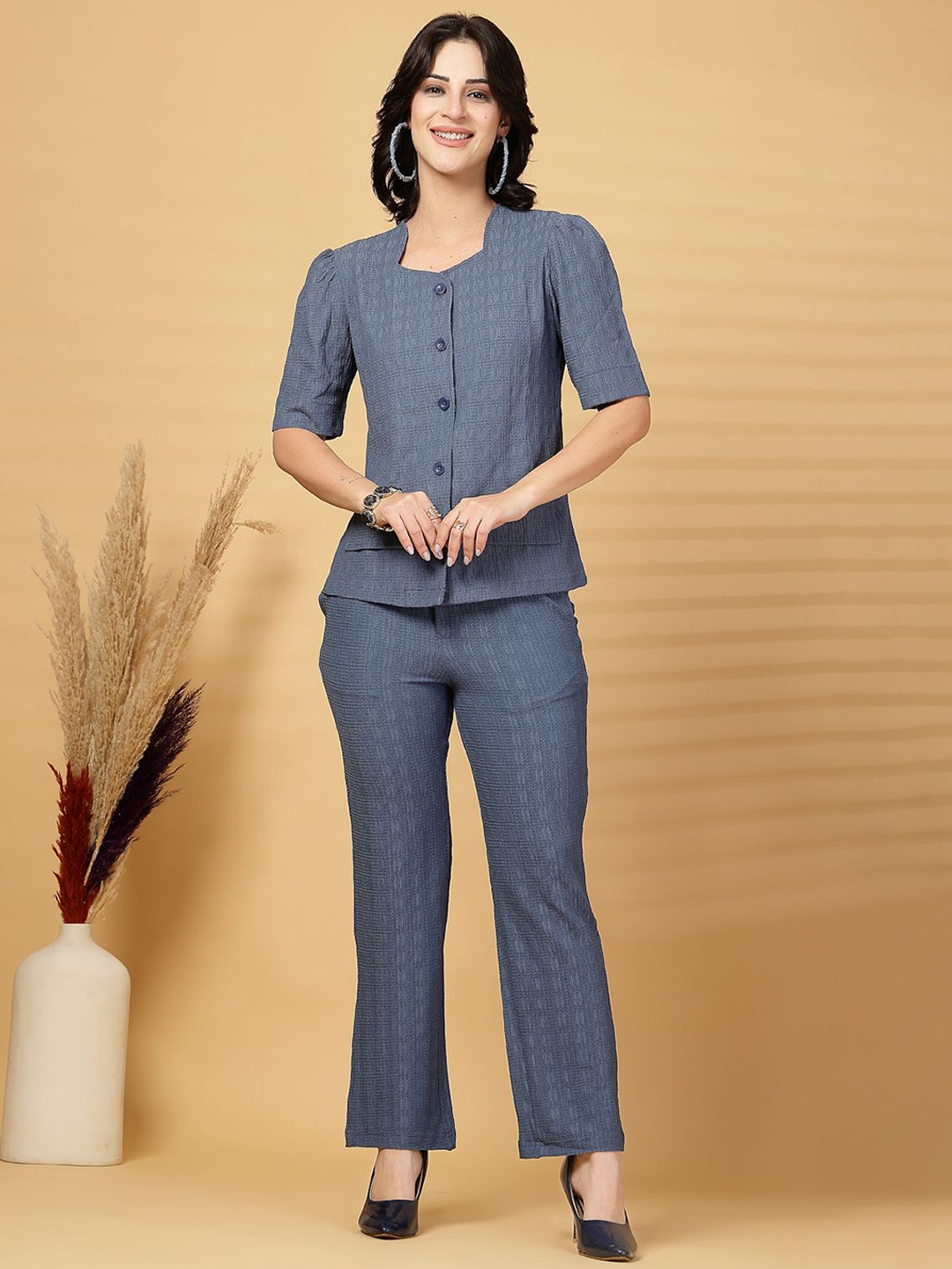 

plusS Self Design Square Neck Shirt With Trouser, Blue