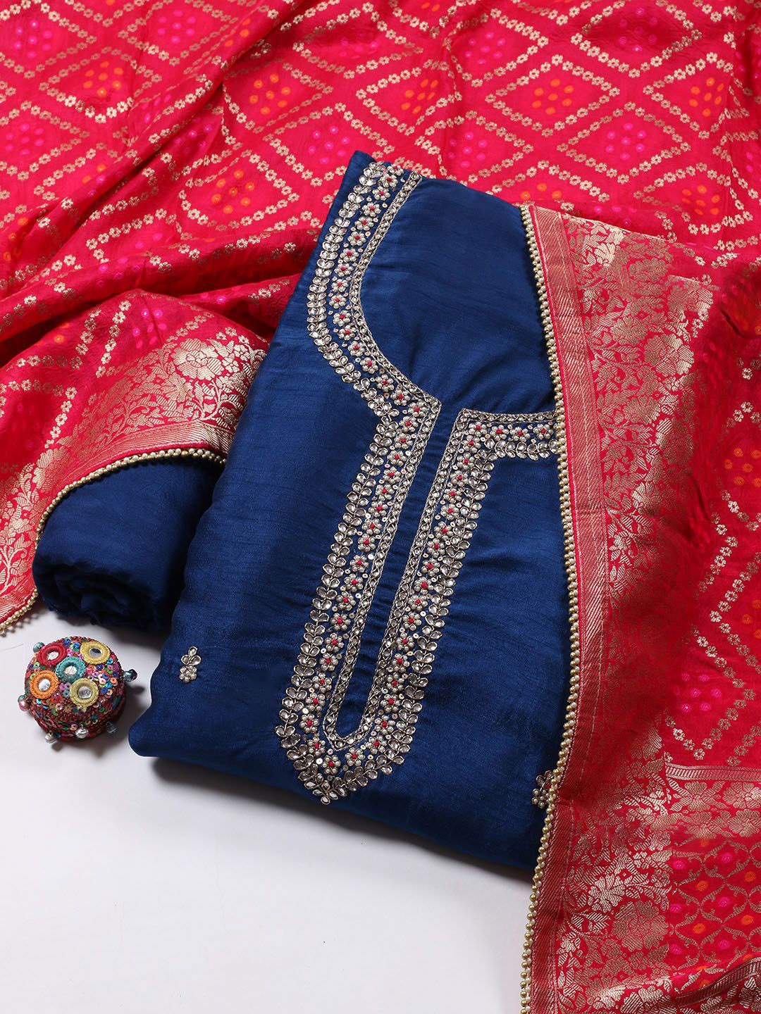 

Meena Bazaar Floral Embroidered Zari Chanderi Unstitched Dress Material, Navy blue