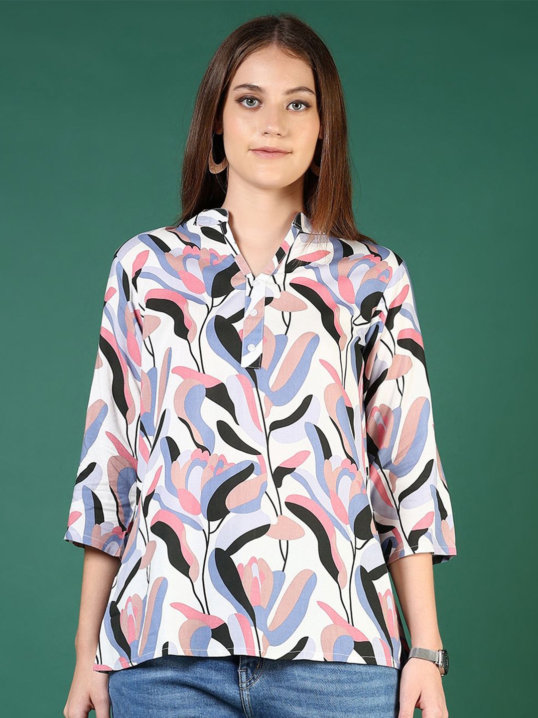

V-Mart Women Abstract Printed Mandarin Collar Top, White