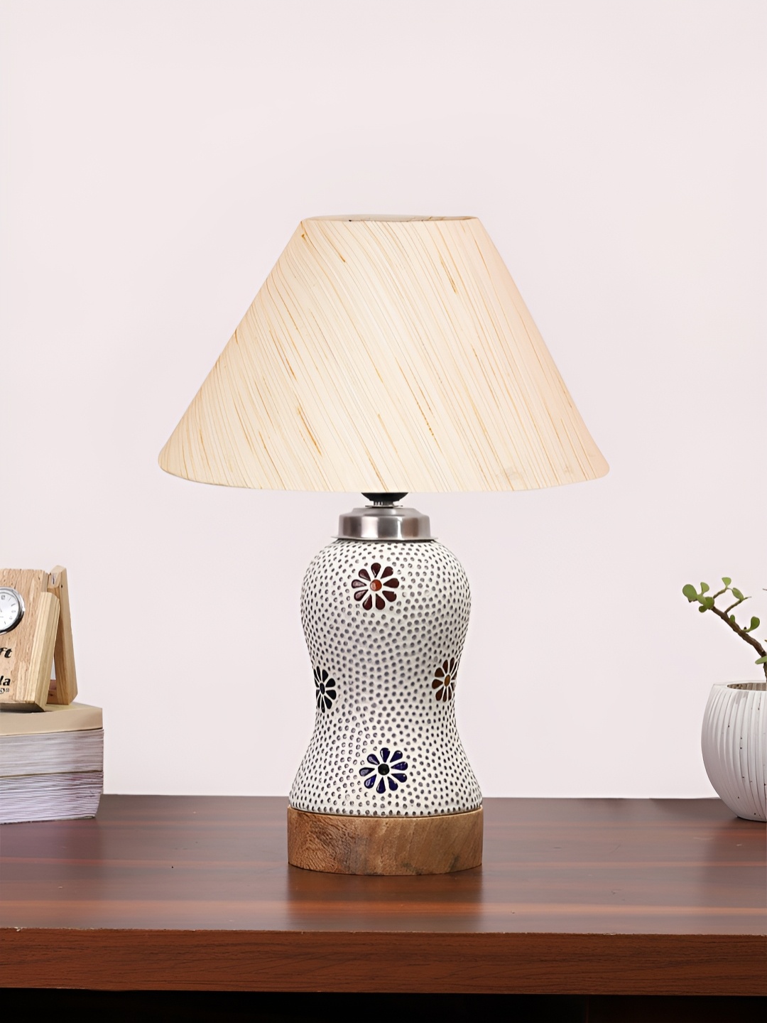

Devansh Off White & Blue Printed Wooden Frustum Shaped Table Lamp With Mosaic Glass Base
