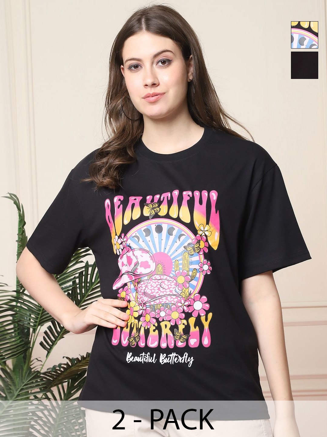 

Tromko Women Pack of 2 Graphic Printed Round Neck Cotton Oversized T-shirts, Black
