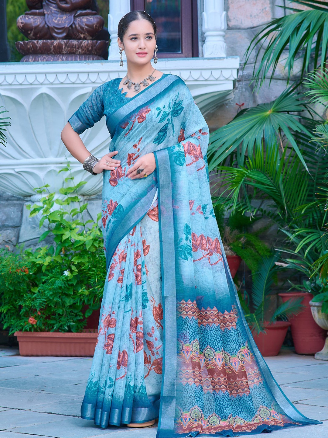 

Kalista Floral Printed Zari Pure Cotton Saree, Blue
