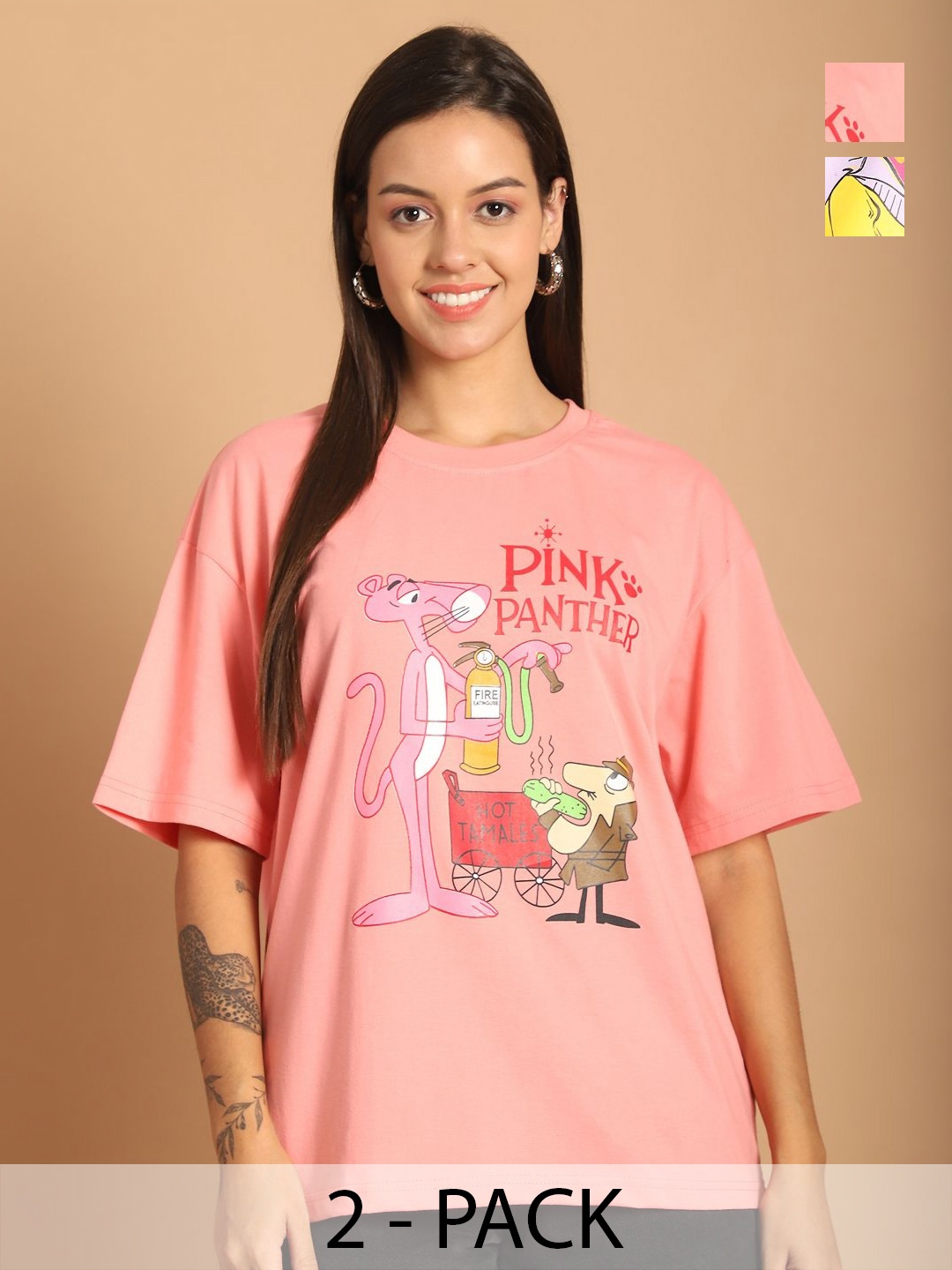 

Tromko Women Pack of 2 Graphic Printed Round Neck Cotton Relaxed Fit T-shirts, Pink
