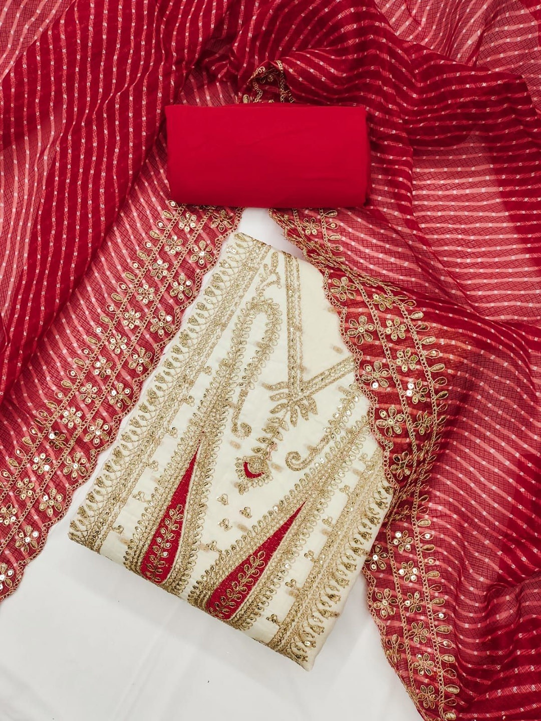 

SHADOW & SAINING Paisley Embroidered Sequinned Chanderi Silk Unstitched Dress Material, White
