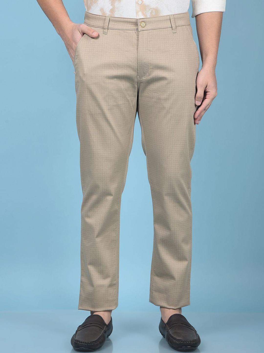 

Crimsoune Club Men Printed Smart Straight Fit Chinos Trousers, Khaki