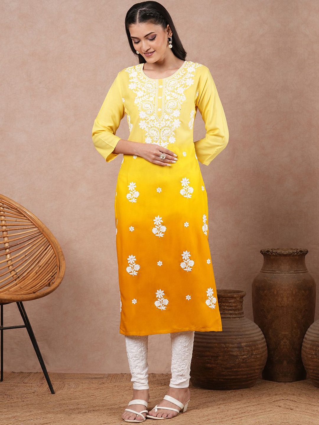 

FASHOR Floral Embroidered Chikankari Round Neck Cotton Straight Kurta, Yellow