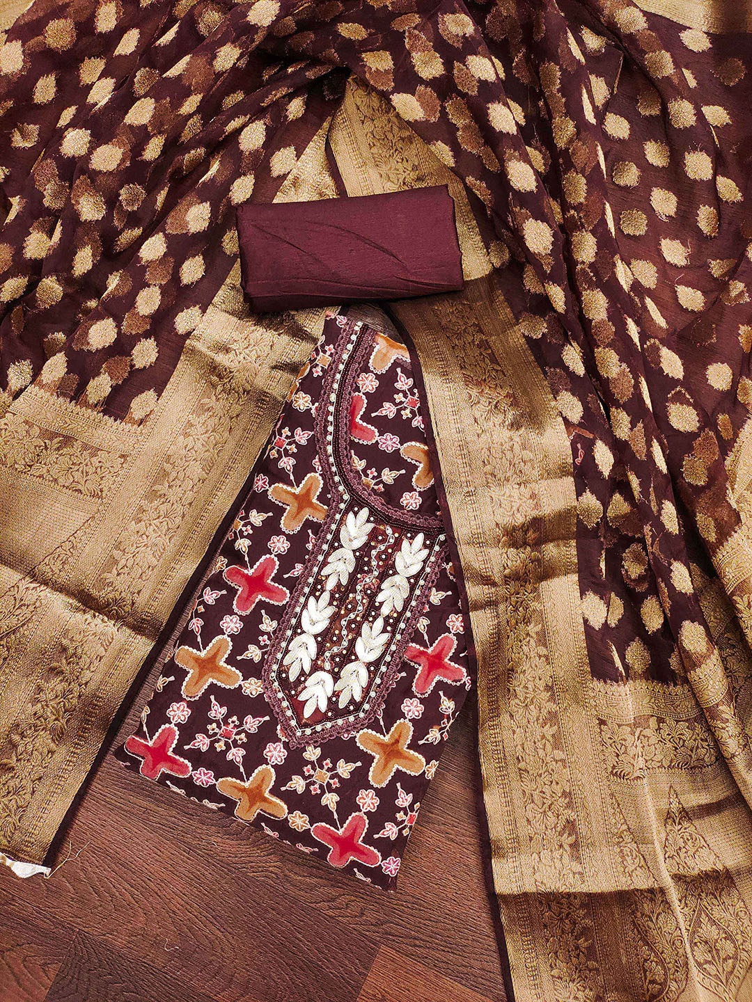 

SHADOW & SAINING Floral Embellished Beads and Stones Organza Semi-Stitched Dress Material, Brown