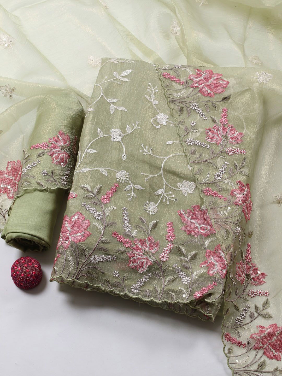 

Meena Bazaar Floral Embroidered Sequinned Unstitched Dress Material, Green