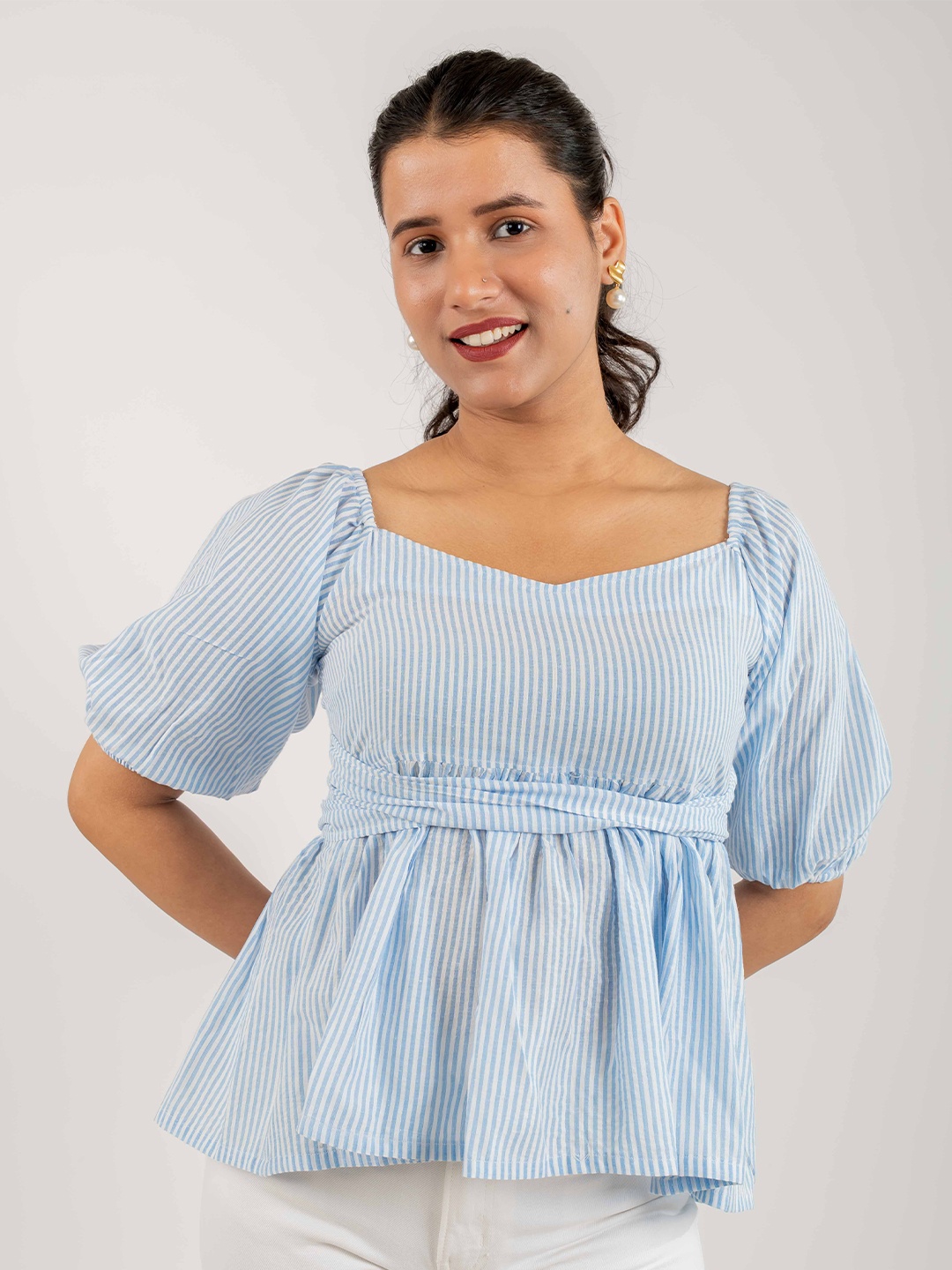 

MONOMEE Striped Sweetheart Neck Waist Tie-Ups Cotton Peplum Top, Blue