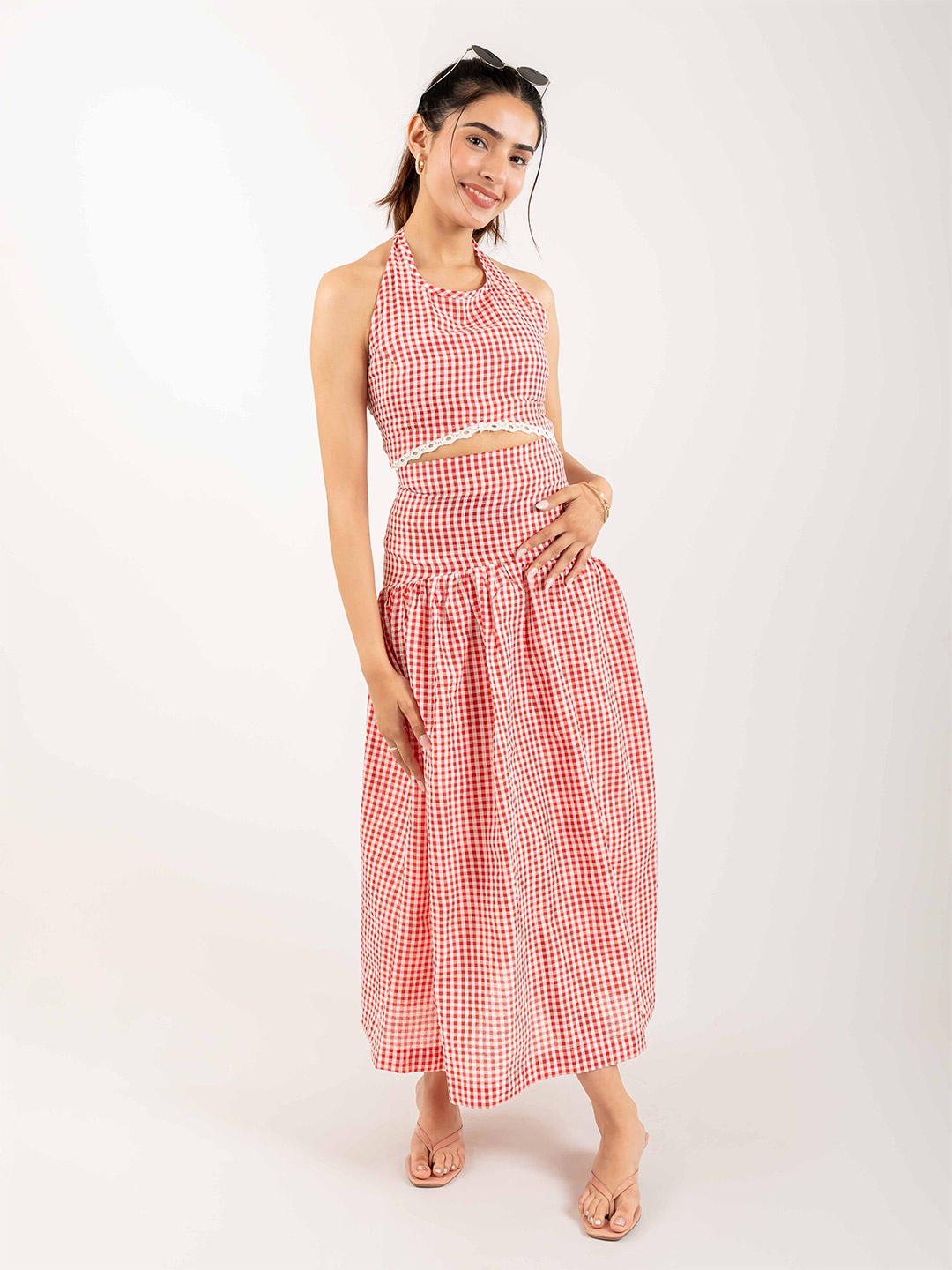 

MONOMEE Checked Halter Neck Bohemian Cotton Crop Top, Red
