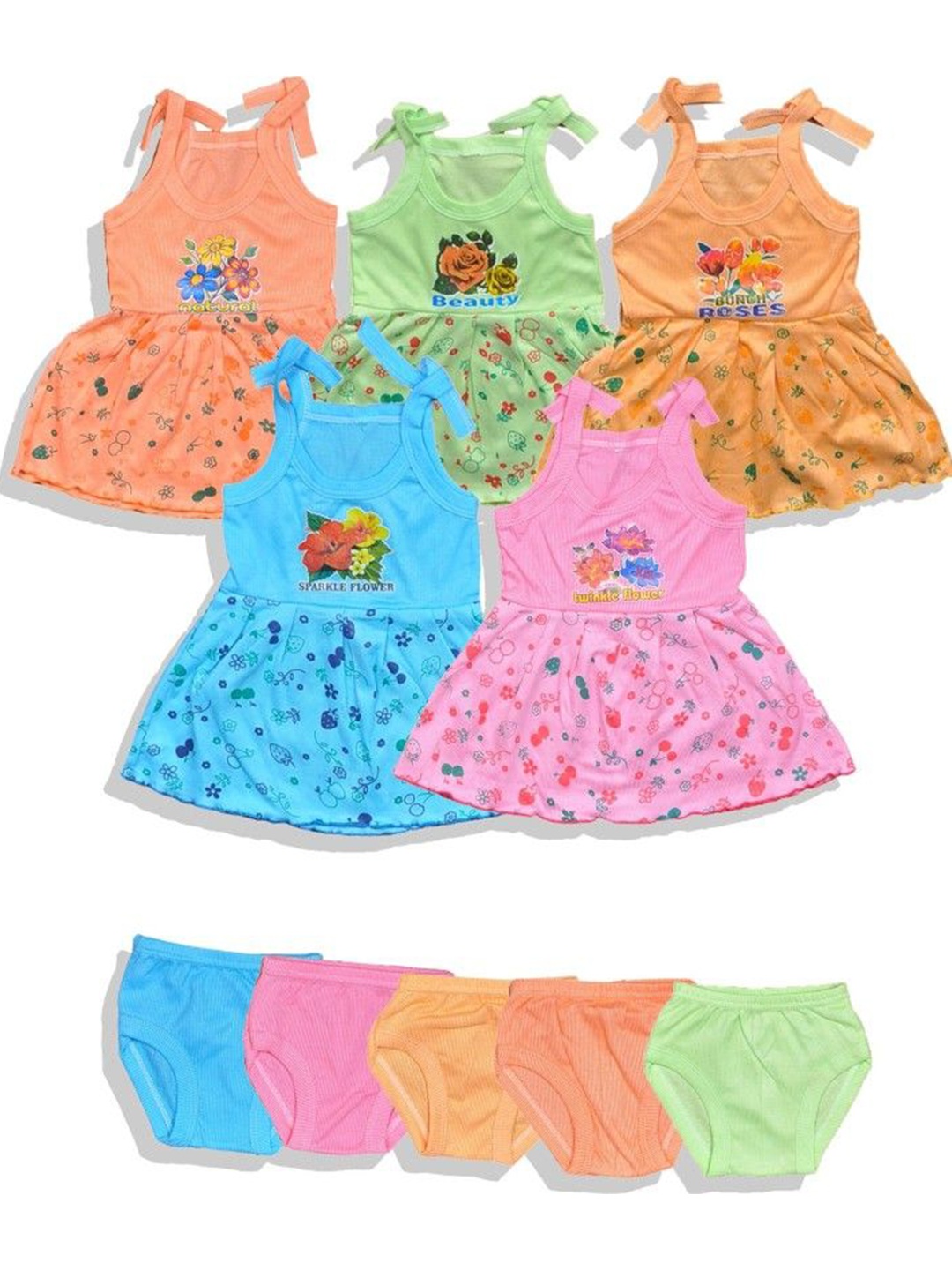 

HUXX Infant Girls Floral Selection Of 5 Floral Printed Pure Cotton Top With Shorts, Green