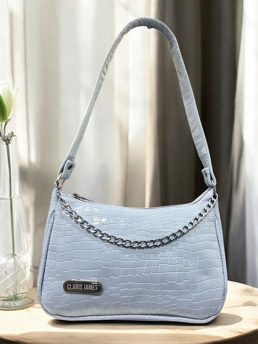 

CLARIS JAMES Textured Oversized Chaincurve Sling Bag, Blue
