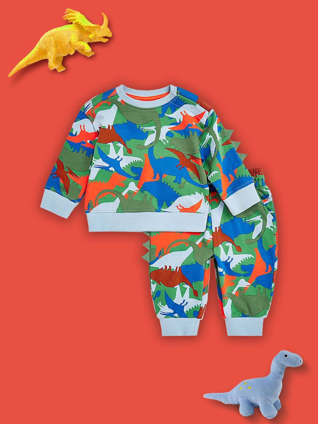 

mothercare Boys 3D Dino Printed Round Neck Pure Cotton Sweatshirt With Joggers, Blue