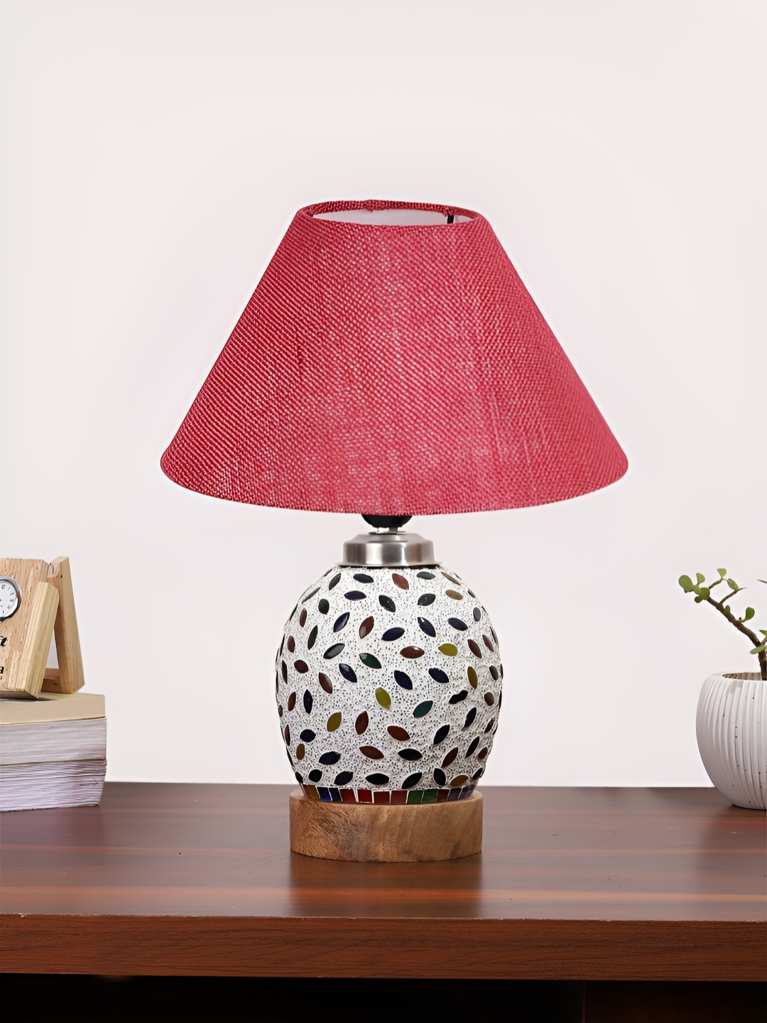 

Devansh Pink & White Textured Wooden Frustum Shaped Table Lamp With Mosaic Glass Base