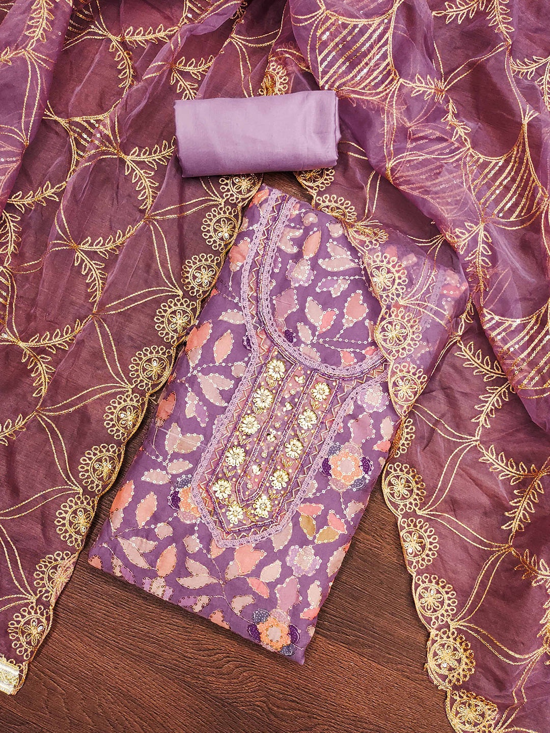 

SHADOW & SAINING Floral Embroidered Sequinned Unstitched Dress Material, Purple
