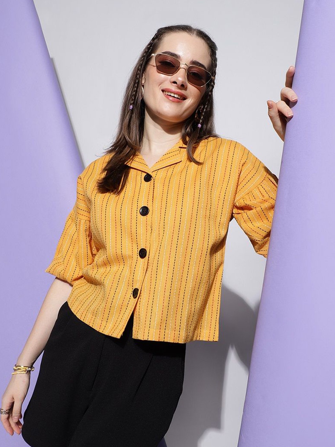 

Metronaut Striped Printed Spread Collar Boxy Cotton Shirt, Yellow