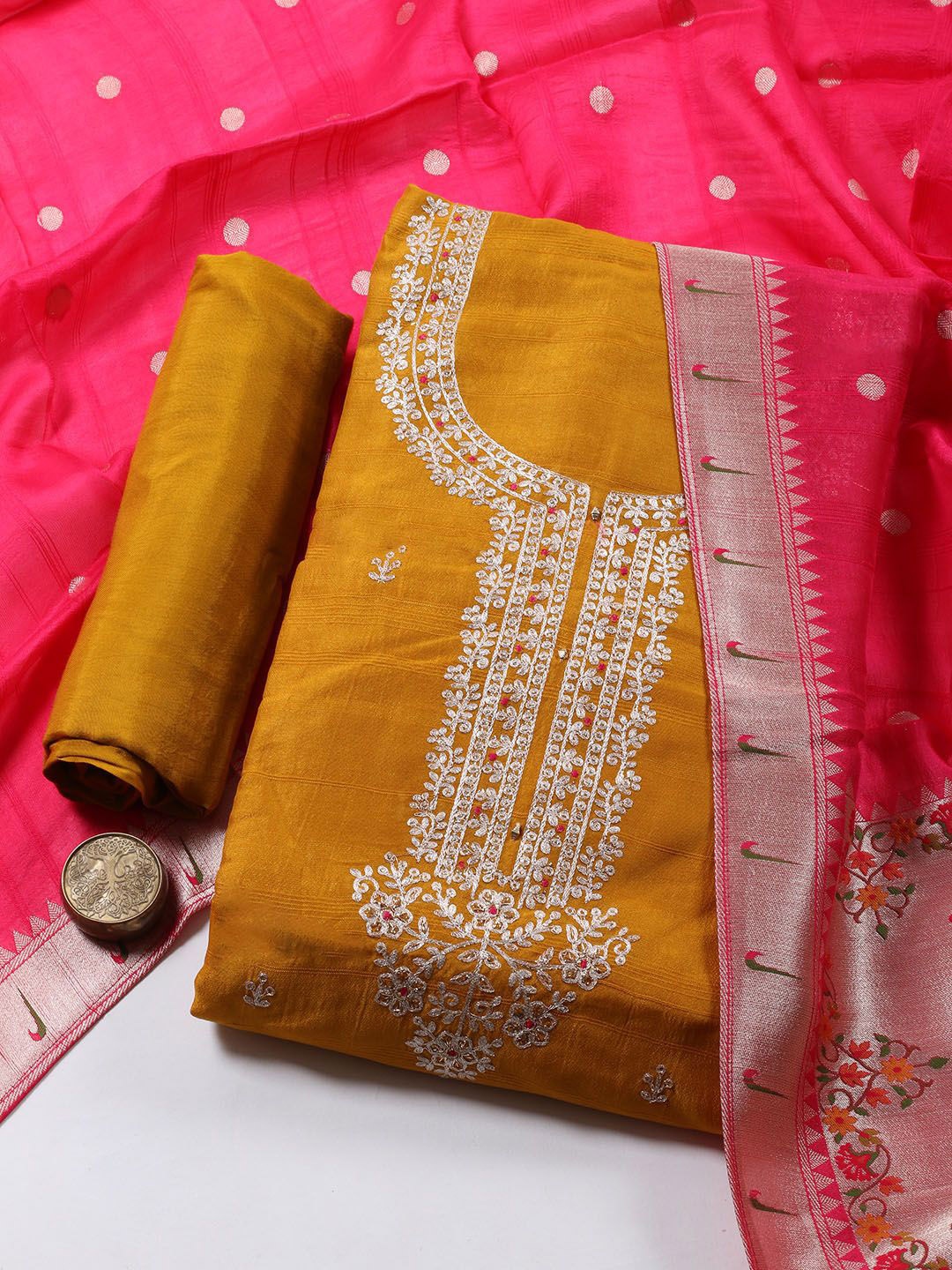 

Meena Bazaar Floral Embroidered Sequinned Art Silk Chanderi Unstitched Dress Material, Mustard