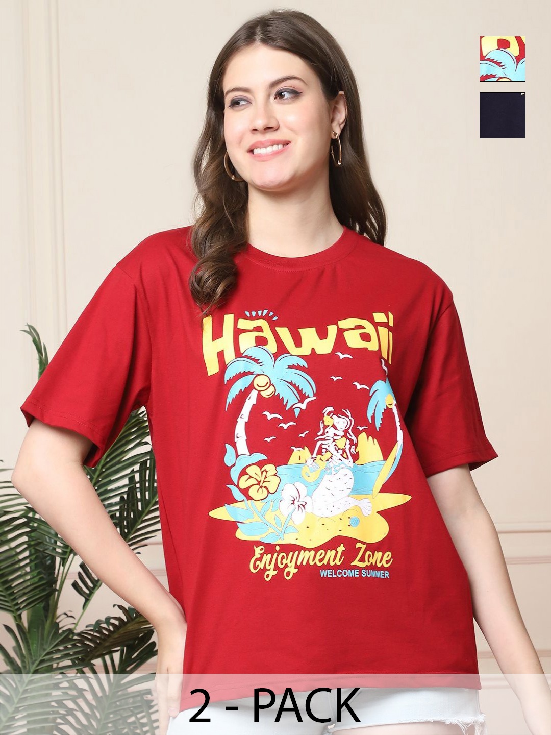 

Tromko Women Pack of 2 Graphic Printed Round Neck Cotton Oversized T-shirts, Red