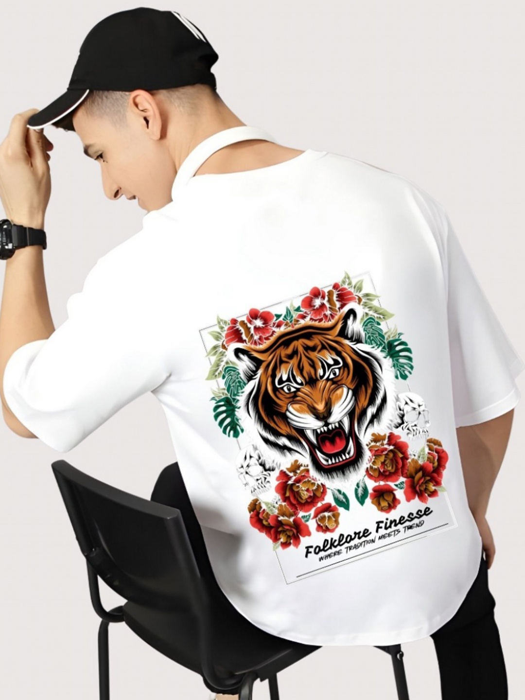 

SZN Men Graphic Printed Round Neck Cotton Oversized T-shirt, White