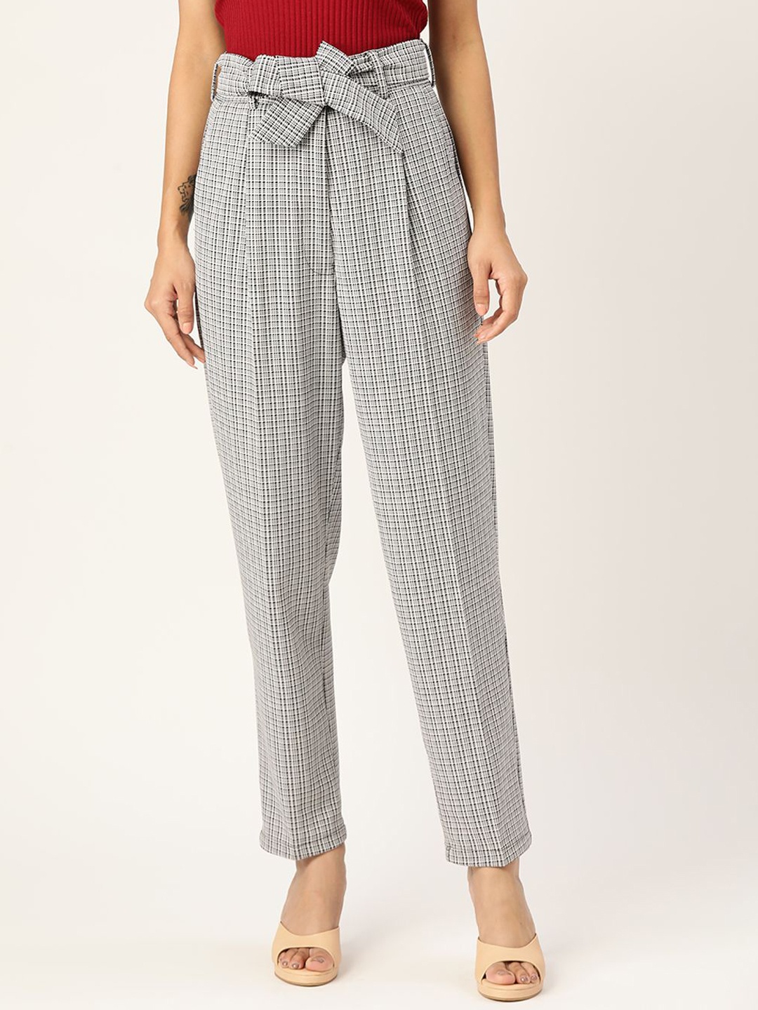 

Zastraa Women Checked Smart Tapered Fit High-Rise Pleated Trousers, Grey