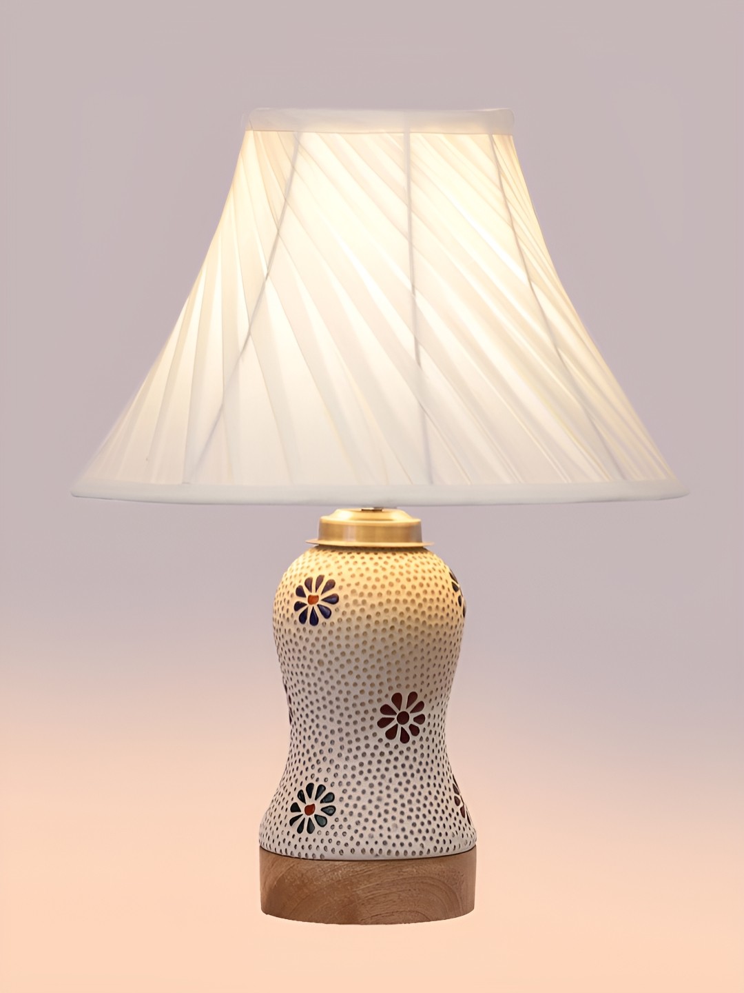 

Devansh Off White Printed Wooden Frusturical Shaped Table Lamp