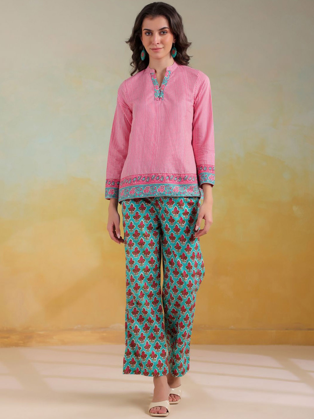

RangDeep Striped Mandarin Collar Pure Cotton Top With Trousers, Pink