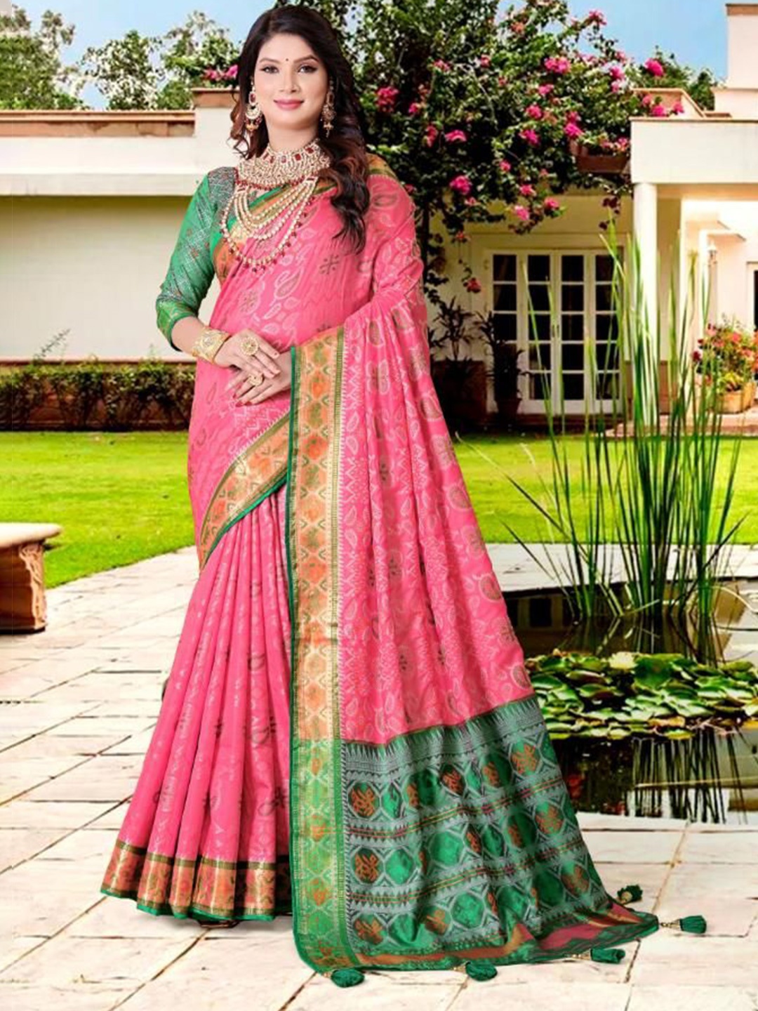 

jayant creation Bandhani Zari Pure Silk Patola Saree, Pink