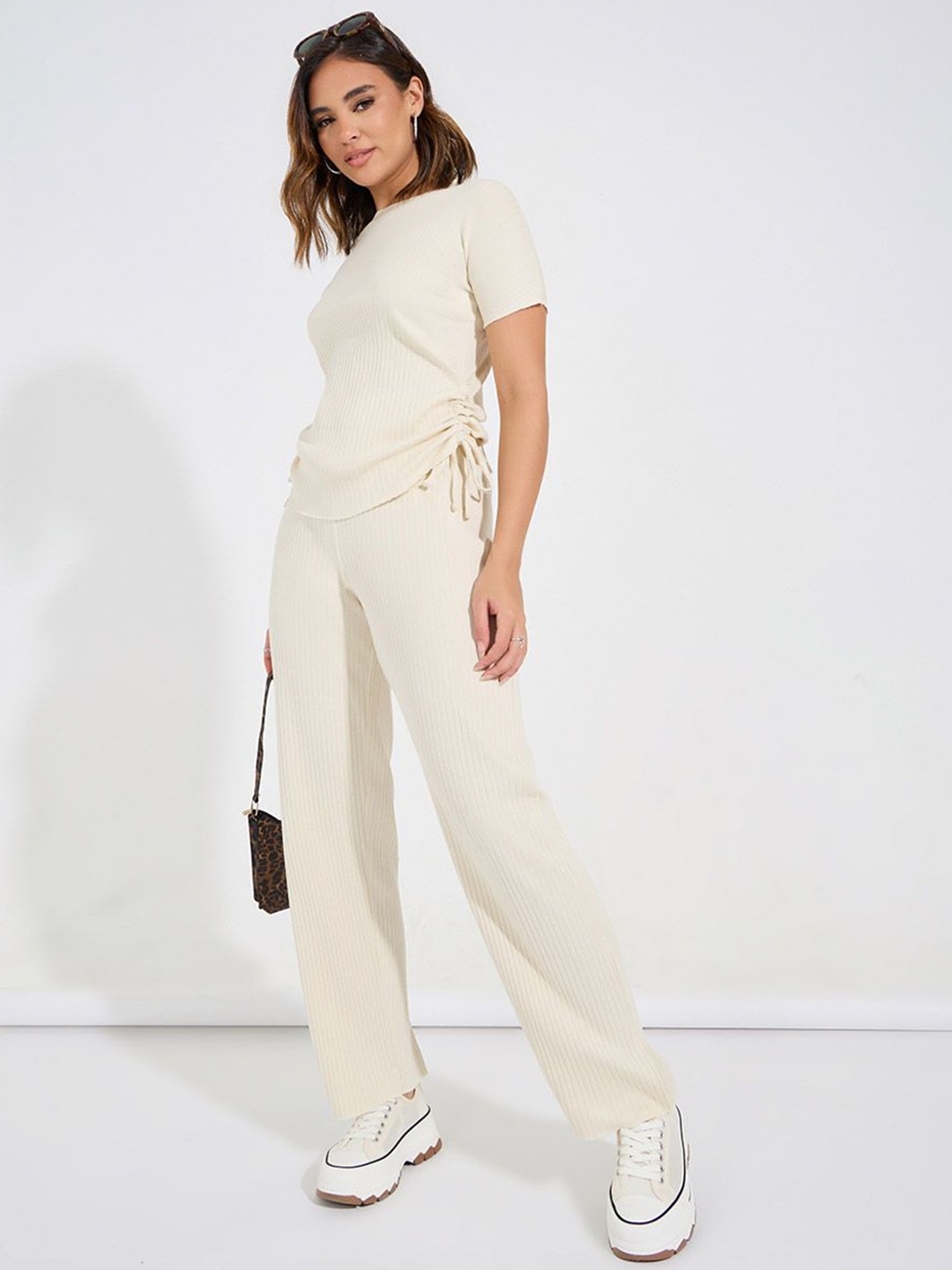 

Styli Wide Rib Ruching-Detail T-Shirt & Wide Leg Trousers, Beige