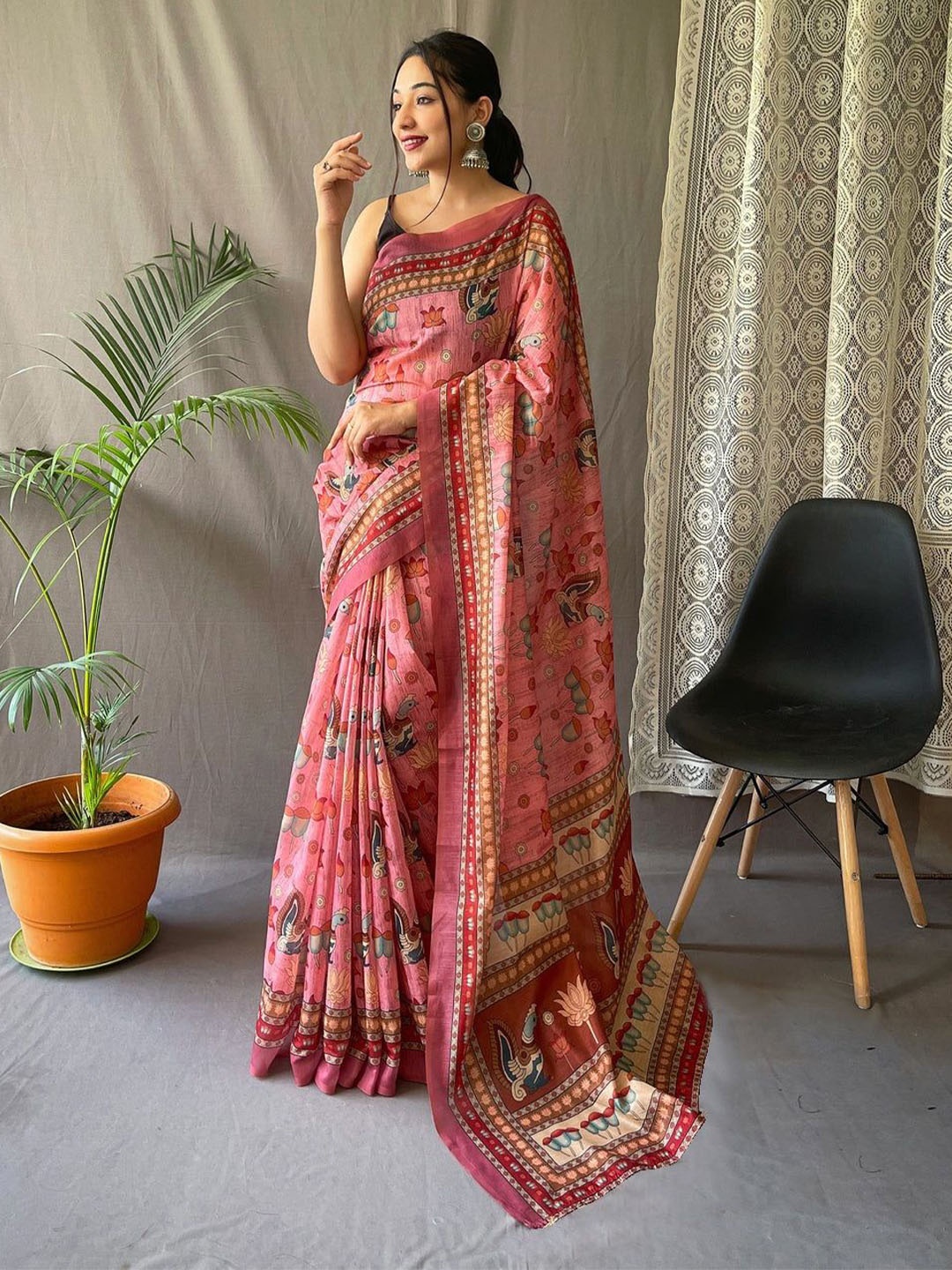 

ORUS Ethnic Motifs Printed Pure Cotton Saree, Pink