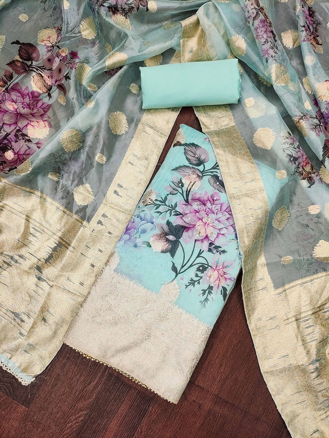 

SHADOW & SAINING Floral Woven Design Sequinned Organza Semi-Stitched Dress Material, Sea green